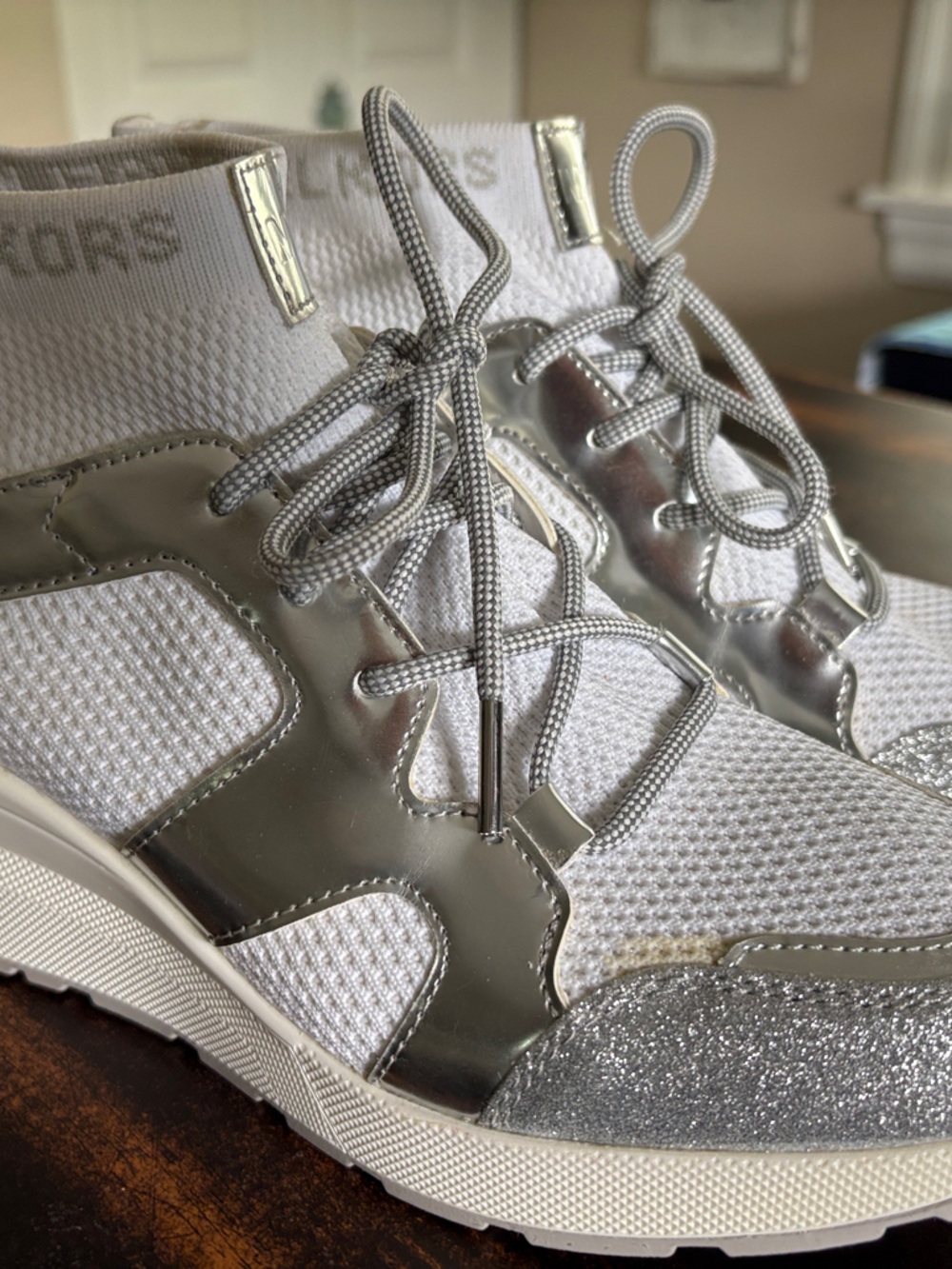 MICHAEL Michael Kors White and Silver Metallic Lace-Up Sneakers